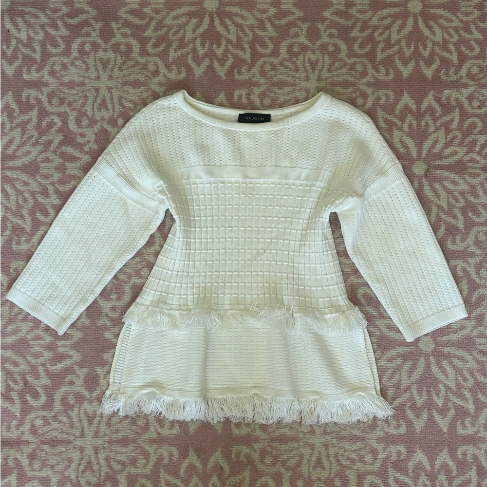 ST. JOHN Ivory Fringe Knit Peplum 3/4 Sleeve Blouse Size Medium